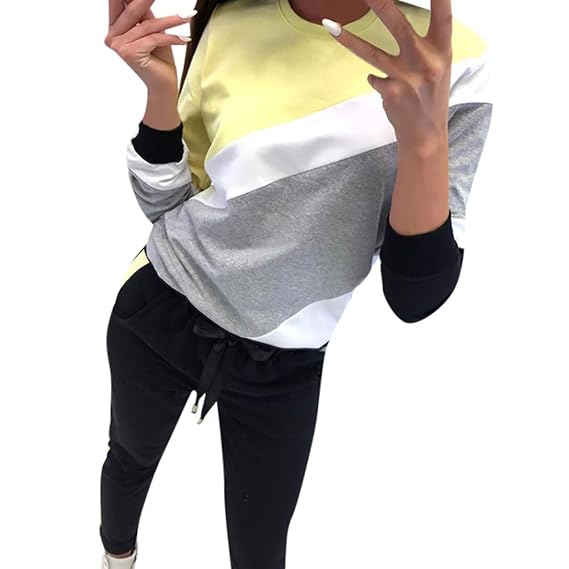 Manadlian Damen Langarm Tops V-Ausschnitt Lose Oversize Lang Sweatshirt Pullover Frau Spleißen Farbe Gestreift Langarm Oberte