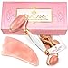 Jade Roller - Rose Quartz Roller and Gua Sha wth Premium Glass Handle - Facial Face Roller and Massager - Slimming, Firming, and Removes Wrinkles