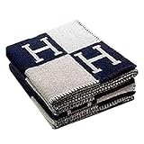 RONSHIN Fashionable Comfortable H-Pattern Wool Cashmere Plaid Blanket Soft Warm Blanket Bed Sheet for Sofa or Travel 130180cm (Navy Blue H)