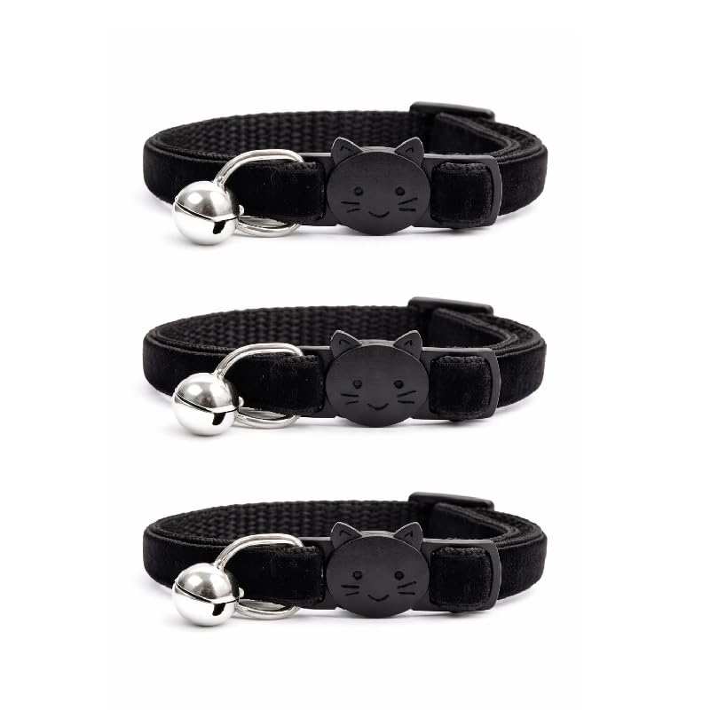 Velvet Cat Collars with Bell. Safe Breakaway Quick Release Buckle. Available in Cat & Kitten Size (Pack of 3) (Cat Collar (20cm - 30cm), Black Velvet (Pack of 3))