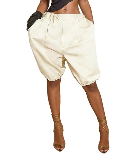 Lingjiazi Womens Balloon Shorts Elastic High Waist Ruffle Wide Leg