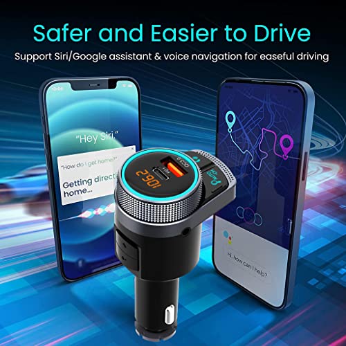 C80 Bluetooth FM Transmitter for Car, Bluetooth 5.0 Car FM Transmitter, MP3 Music Player, Wireless Radio Transmitter Adapter Car Kit, Hands Free Calling, QC3.0 & PD Ports Charger, LED Backlit
