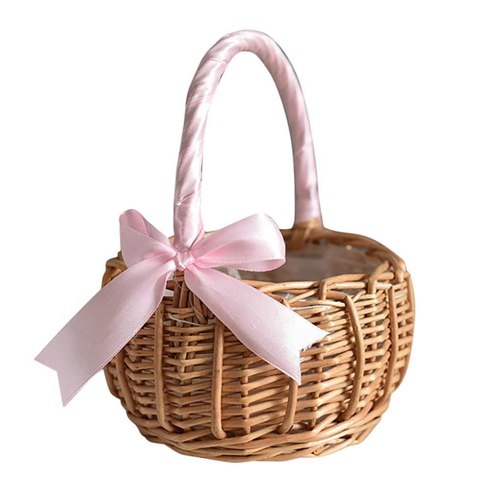 Giilayky Wicker Woven, with Handle and Pink Ribbon, Wedding Flower Girl Baskets, Garden Decoration(S)