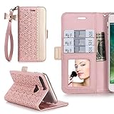 iPhone 8 Plus Case,iPhone 7 Plus Case, WWW [ Mirror Series] RFID-Resisting PU Leather Case Kickstand Flip Case with Card Slots and Mirror for iPhone 7 Plus/8 Plus Rose Gold