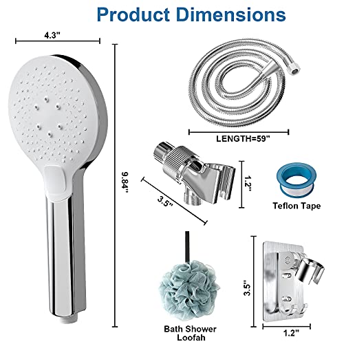 High Pressure 3-Mode Shower Head with Handheld - One Botton Operation, Silicone Nozzles, Come with Upgrade 59\'\' Stainless Steel Hose, Wall & Overhead Brackets, Teflon Tape, Bath Loofah