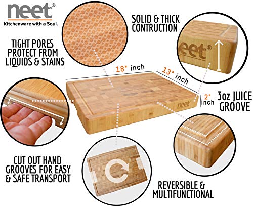 Extra Large Bamboo Butcher Chopping Block By Neet - Ultra Thick Heavy & Solid Cutting Board (18"x 13" x 2" Inch) Organic Anti-Bacterial Great For Wooden Serving Trays & Cheese Platters w/Handles