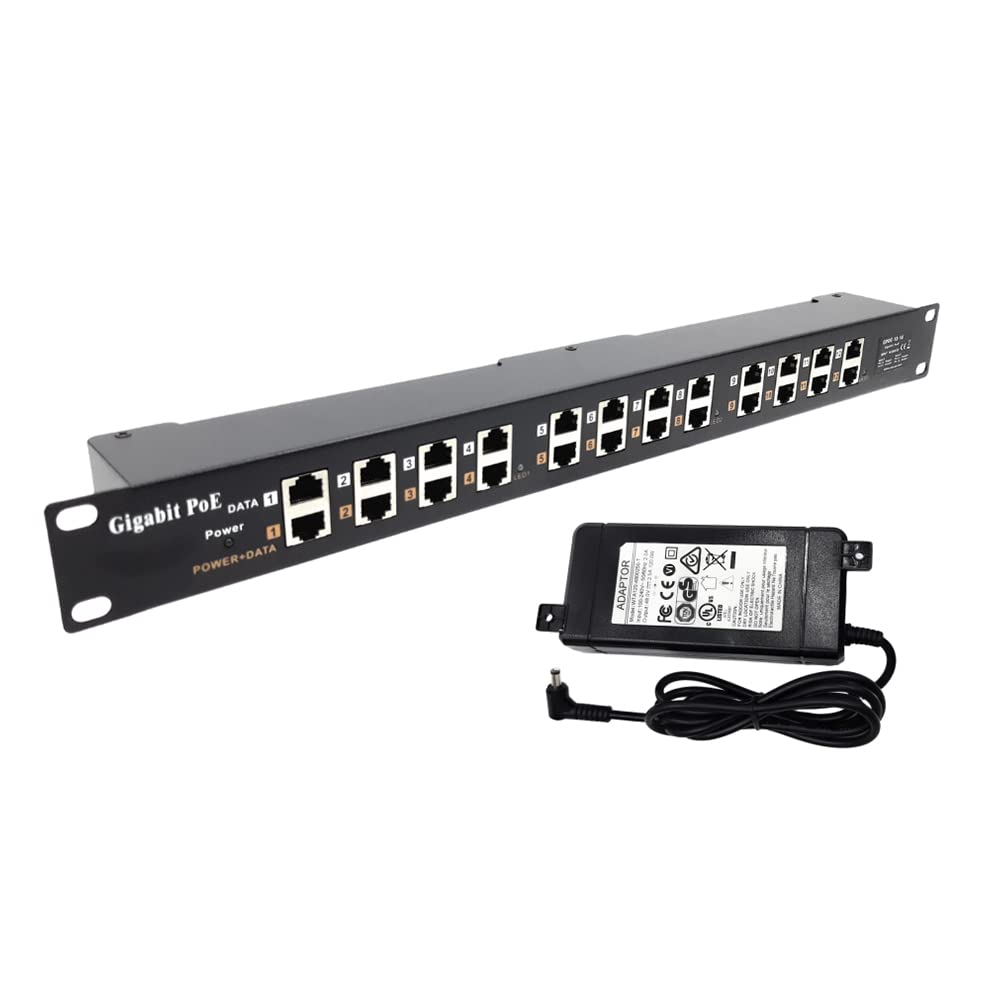 Gigabit PoE Injector 12 Port Power Over Ethernet Injector 10/100/1000 Data Speed for 802.3af/802.3at Device & PoE/non-PoE Switch Rack Mount Injector with 48-Volt 120-Watt Power Supply, GPOE-12-48V120W