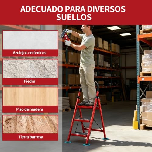 Escalera Plegable para Casa,Escalera Plegable de 3 Peldaños,Diseño de Cierre de Seguridad,Patas y Pasamanos Antideslizantes,Escalera Plegable de Peldaños,para Hogar,Garaje,Interior y Exterior-Rojo