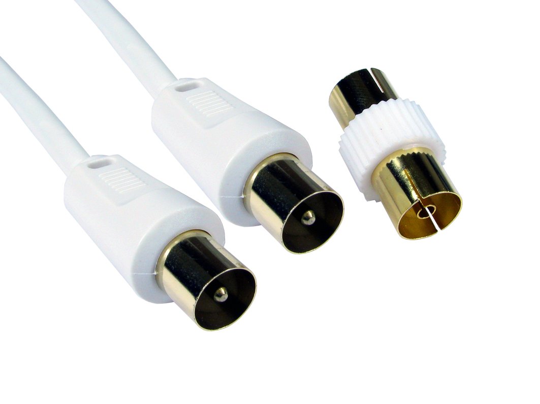 World of Data 20m WHITE Coax Cable - 24k Gold Plated Plugs - Fully Moulded - Shielded (No RFI or EMI) - Male to Male - Antenna TV Aerial Lead - FREE M-F Adapter