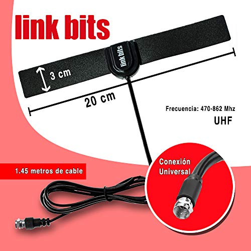 LINK BITS INHD01 Antena de TV Digital para Interior, Alta Definición HDTV Ultra Compacta, Amplifica la Recepción de Canales