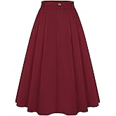 Belle Poque Women Vintage Pleated Skirt with Pockets A Line Midi High Elastic Waist Flared Skirt for Office Daily