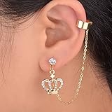 One Piece Rhinestone Crown Chain Stud Earring Gold Plated Clip Punk Ear Cuff Wrap Golden S668K17