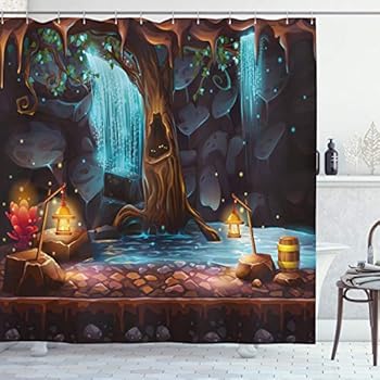 Ambesonne Fantasy Decor Shower Curtain by, Enchanted Forest with Cave Waterfall and Magic Tree Barrel of Gold Elf Image, Fabric Bathroom Decor Set with Hooks, 84 Inches Extra Long, Brown Blue