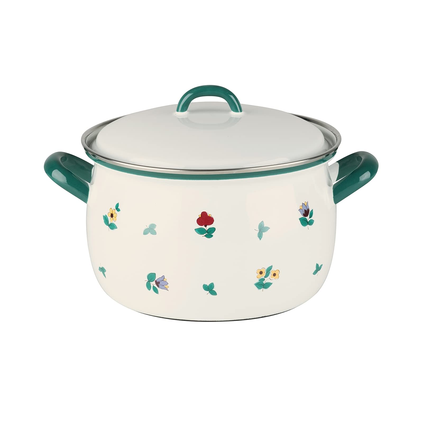 RIESS Country 0166-049 GMUNDNER 20 Flower Meat Pot with Lid Diameter 20 cm Capacity 3.5 L Height 20 cm White Enamel with Scattered Flowers