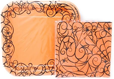 Halloween Orange Creepy Scroll and Spiderwebs with Spiders Party Napkins and Plates for 16
