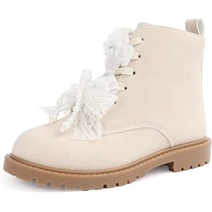 Wulubaba Girls Combat Boots, Pearl Lace Ankle Boots with Zipper | Soft PU Faux Leather Upper, PU/Fabric Lining, PVC Lug Sole,