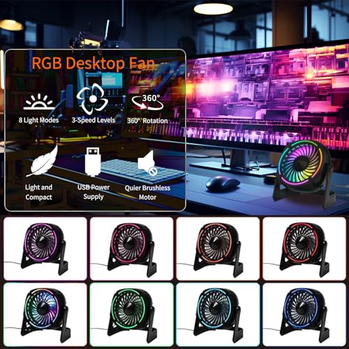 Small USB RGB Desk Fan Portable Table Fan with 3 Levels Air Flow,8 Color LED Lights, 360° Rotation,Quiet Mini Personal Fan for Home Office Desktop (UF-4B)
