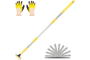 UEGHNS Floor Scraper Long Handle, Paint Scraper 4 In Metal Floor Scraper with 10PCS Extra Metal Blades Long Handle Paint Scraper Ideal for Cleaning Stove Top Windows Glass Tiles Wall Labels. (1 yellow)