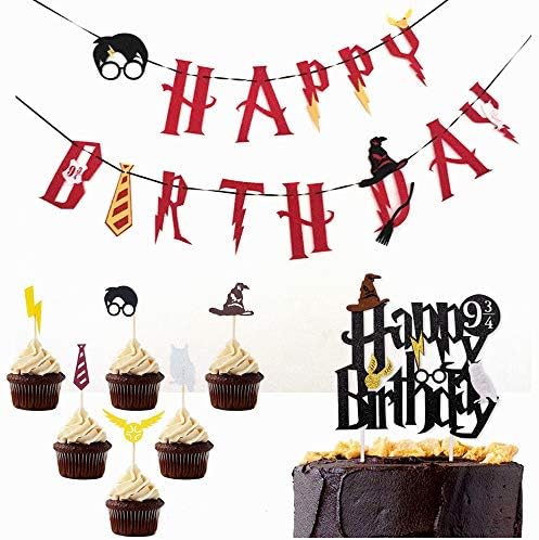 Little Magician Theme Happy Birthday Banners Cake Topper Suit Hogwarts Lightning Felt Flags Bunting for Baby Birthday Party Hanging Decoration