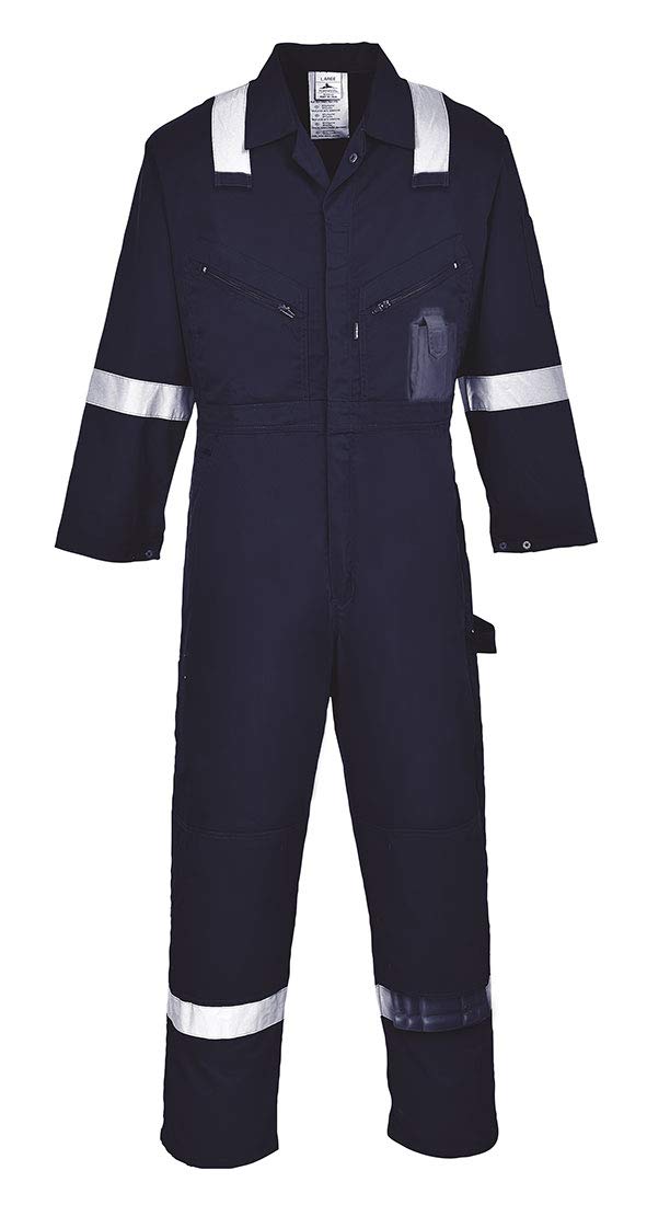 Portwest C814 Iona Lightweight Reflective Cotton Coverall with Pockets - Safety Boiler Suit Workwear Overalls, Navy, 5XL
