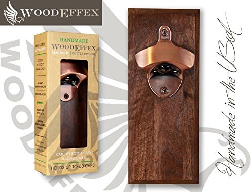 Bottle Opener Magnetic Cap Catcher - Handmade Walnut Wood with Brushed Copper Opener - No Personalization