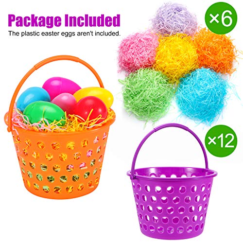 12 Pack Easter Eggs Baskets for Kids,9.4"Plastic Bucket filled with Grass Easter Theme Party Favors