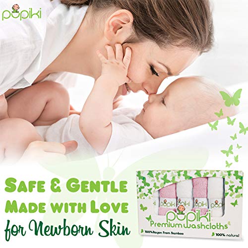 Pupiki Premium Baby Washcloths 6 Ultra-Soft Hypoallergenic 100% Organic Bamboo from Rayon Fiber Baby Bath Washcloth Face Towels Absorbent 10X10 Newborn Towel Pack Unisex Baby Shower Gift White & Pink