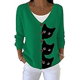 Women's Halloween Fun Black Cat Print Cardigan Sweater Autumn Cute Black Cat Print Casual Sweatshirt