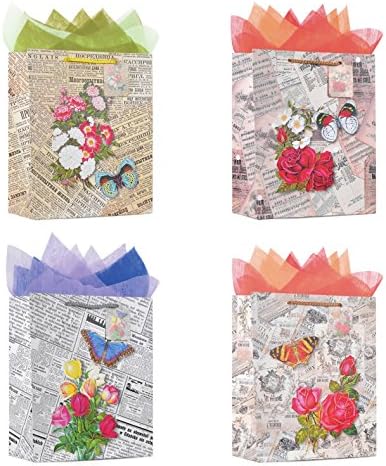 Gift Paper Bag With Rope Handle Design For Party, Valentine's Day, Birthday, Medium, 10'' L x 12.5'' W x 5'' L, Mixed Color, Set Of 12 (Flower And Herb)…