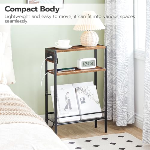 HOOBRO Narrow Side Table with Charging Station, Skinny Nightstand with USB Ports and Outlets, Slim Sofa End Table, Industrial Bedside Table with Storage Shelf, Rustic Brown and Black EBF102KBZ01
