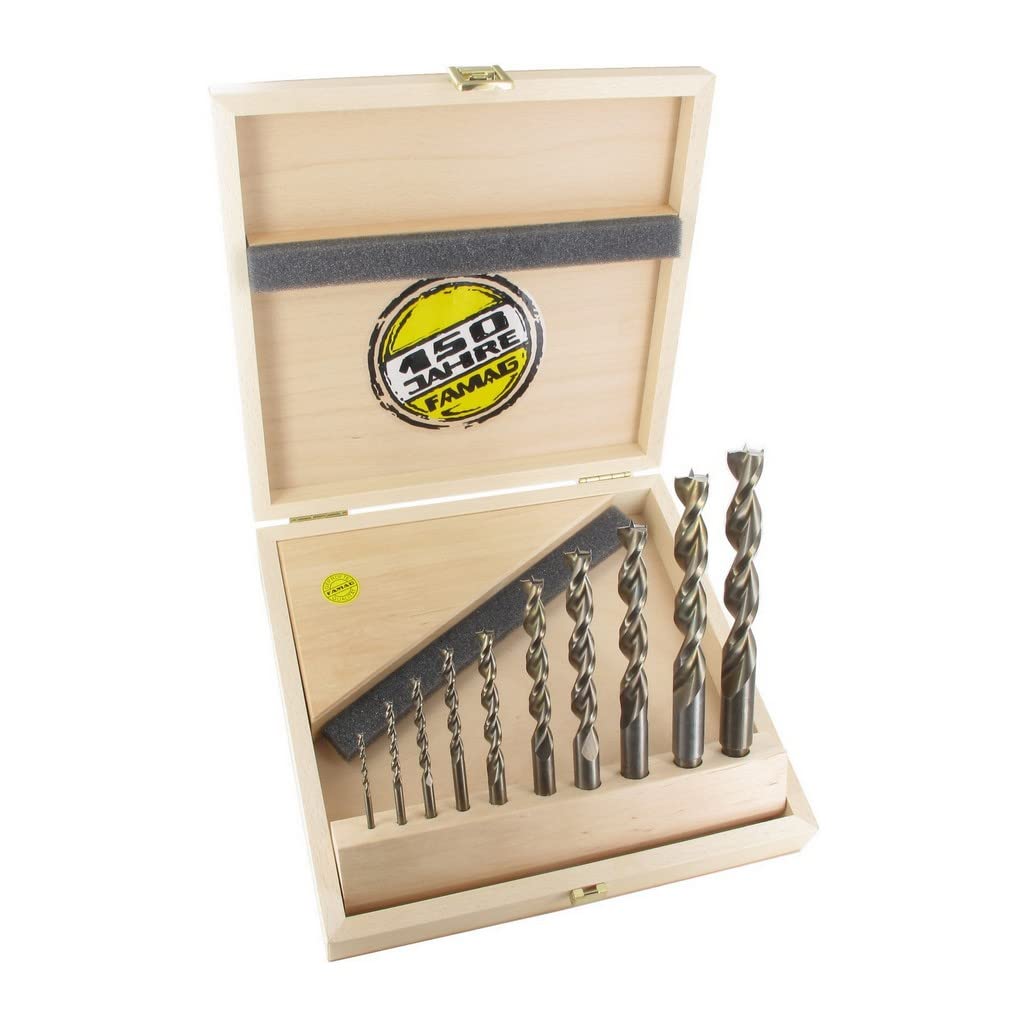 FAMAG 1594510 10pcs HSS-Ground Brad Point Drill Bit Set in Wooden Case