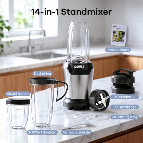 Ganiza Blender, 1300 W Smoothie Maker, Stand Mixer with 3 Portable Mixing Cups (2 x 1100 ml & 1 x 660 ml), Six Blade Made of Stainless Steel, BPA-Free, Easy to Clean, Electric Blender for Milkshakes