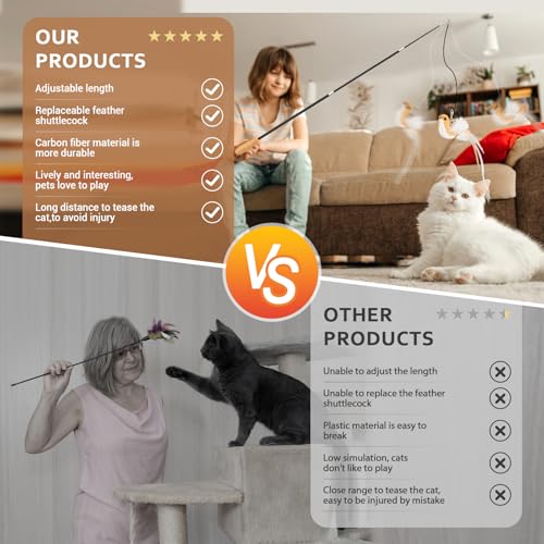 ROSAUI 2 x cat fishing rod, long, interactive cat toy with 2 birds and 3 feathers, cat toy for kittens, cat toys, stable, 107 cm