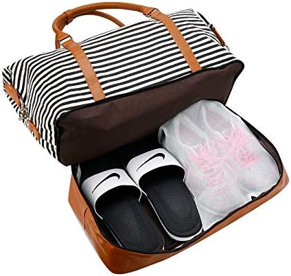 Weekender Bag Carry on Overnight Duffel for Women, Carrying Weedkend Travel Bags for Ladies, Large Canvas& PU Leather with Shoe Compartment Duffle (Black White Strips) 4 Weekender Bag Carry on Overnight Duffel for Women, Carrying Weedkend Travel Bags for Ladies, Large Canvas& PU Leather with Shoe Compartment Duffle (Black White Strips)