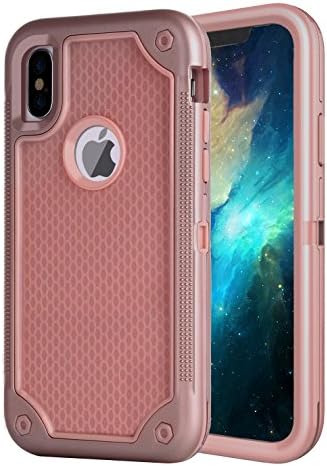 iPhone X Case, iPhone 10 Case, Sanhezhong Textured Grip Non Slip Drop Tested Case, 3IN1 Heavy Duty Hard PC &amp; Rugged TPU Armor Case (Rose Gold)