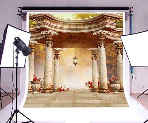 Laeacco 6x6ft Vinyl Photography Backdrop Fairytale Pavilion Stones Pillars Red Flowers Lantern Forest Trees Grunge Marble Enchanted Garden Wedding Photo Background Children Baby Adults Portraits