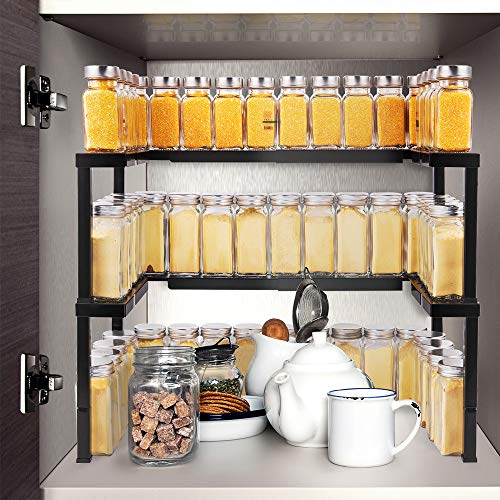 Expandable and Stackable Spice Rack Organizer for Cabinet & Pantry, Nandae 2 Tier Adjustable Height Spicy Shelf, Stable Priumum Iron (Black)