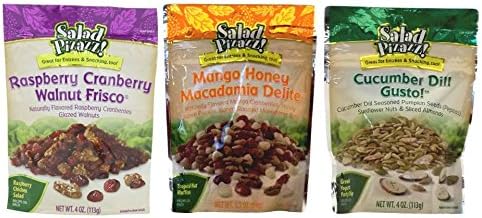 Salad Pizazz Salad Topping 3 Flavor Variety Bundle: (1) Salad Pizazz Mango Honey Macadamia Delight, (1) Salad Pizazz Raspberry Cranberry Walnut Frisco, and (1) Salad Pizazz Cucumber Dill Gusto!. 3.5-4 Oz. Ea.