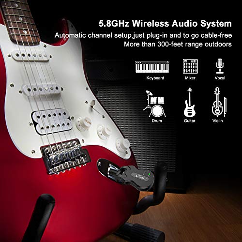 LEKATO 5.8GHz Wireless Guitar System - Rechargeable Digital Transmitter & Receiver with Strong Anti-Interference for Electric Guitar, Bass- Clear&Pure Sound,Guitarist Gift(Black)