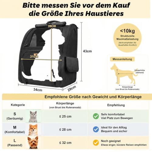 Aystkniet Cat Backpack & Dog Backpack up to 6 kg, Large Pet Transport Bag with 270° Ventilation, 3 Openings, Foldable, Breathable for Travel, Hiking, Plane & Veterinarian