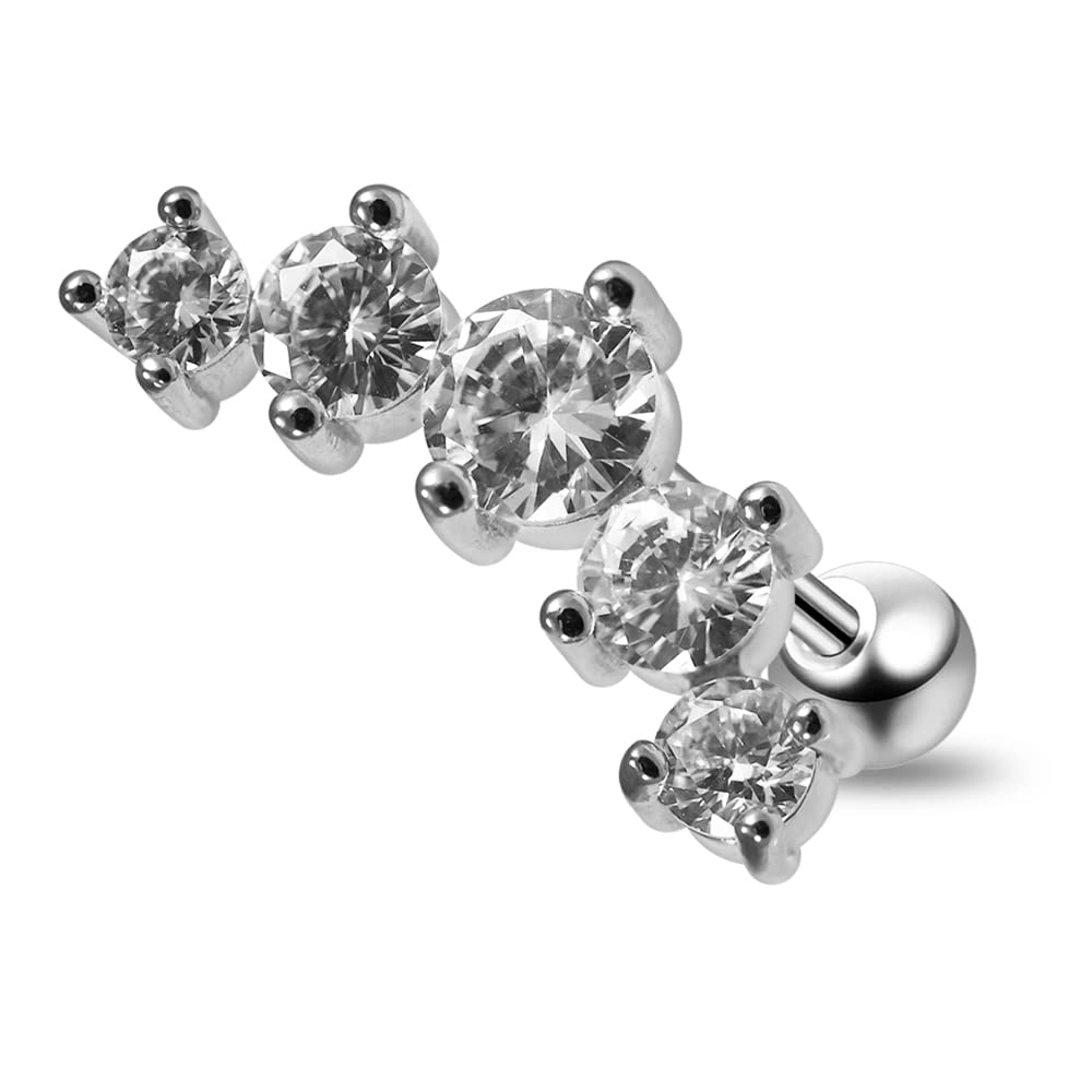 AZARIO London 5 Round CZ Stones 16 Gauge 316L Surgical Steel Cartilage Helix Tragus Piercing Jewellery - Sold by Piece