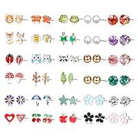 Yadoca Stainless Steel 30 Pairs Stud Earrings for Women Mixed Color Cute Animals CZ Jewelry Earring Set Heart Star Fox Bee Frog Ladybug Daisy Flower Tree