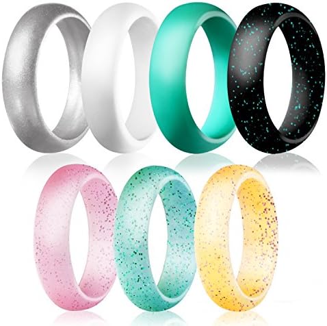 Silicone Wedding Ring for Women - OGIRLIN Rubber Engagement Ring Comfortable Flexible Thin Soft Durable Skin Safe Non-toxic Antibacterial Premium Medical Grade Silicone Wedding Band, 7 Pack