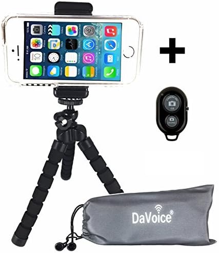 Flexible Cell Phone Tripod Compatible with iPhone X XS XR 8 7 6s 6 SE 5s 5c 4s 4 Samsung Galaxy S10 S9 S8 S7 Smartphone Adapter Mount - Bluetooth Remote - DaVoice Carry Bag Vlogging Mini Stand (Black)