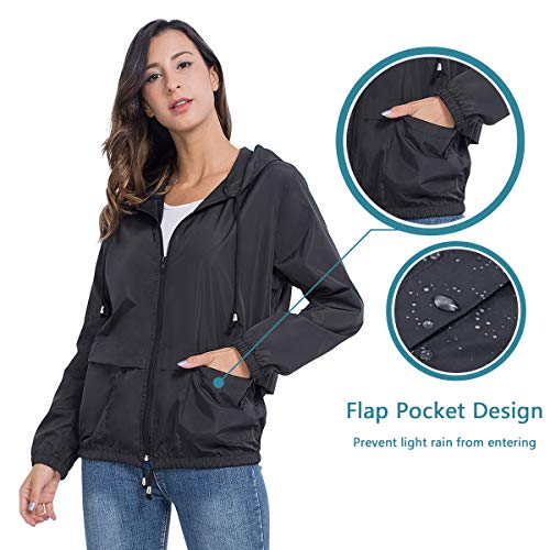 JTANIB Women's Lightweight Packable Waterproof Hooded Rain Jacket S-XXL Black - Thumbnail 4