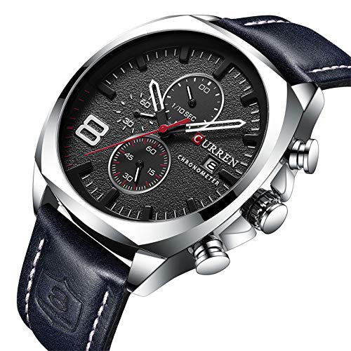 Curren 8324 Reloj de vestir para hombre con dos subesferas de fecha, correa de piel azul, reloj de cuarto de galón - Imagen 3