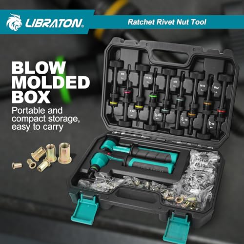 LIBRATON Rivet Nut Tool Kit, Rivnut Tool, Professional Ratchet Rivet Nut Tool, Ratcheting Riv Nut Tool with 10 SAE and Metric Mandrels, 100PCS Rivet Nuts, Rugged Carry Case, Nutsert Kit for Automotive