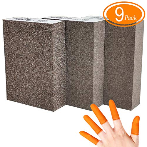 9 Pack Sanding Sponges, Coarse/Fine/Superfine, with 5pcs Latex Finger Cots, for Kitchen Metal/Drywall/Wood