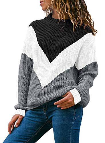 Women Round Neck Color Block Long Sleeve Knitted Sweater Tops Pullover Jumper