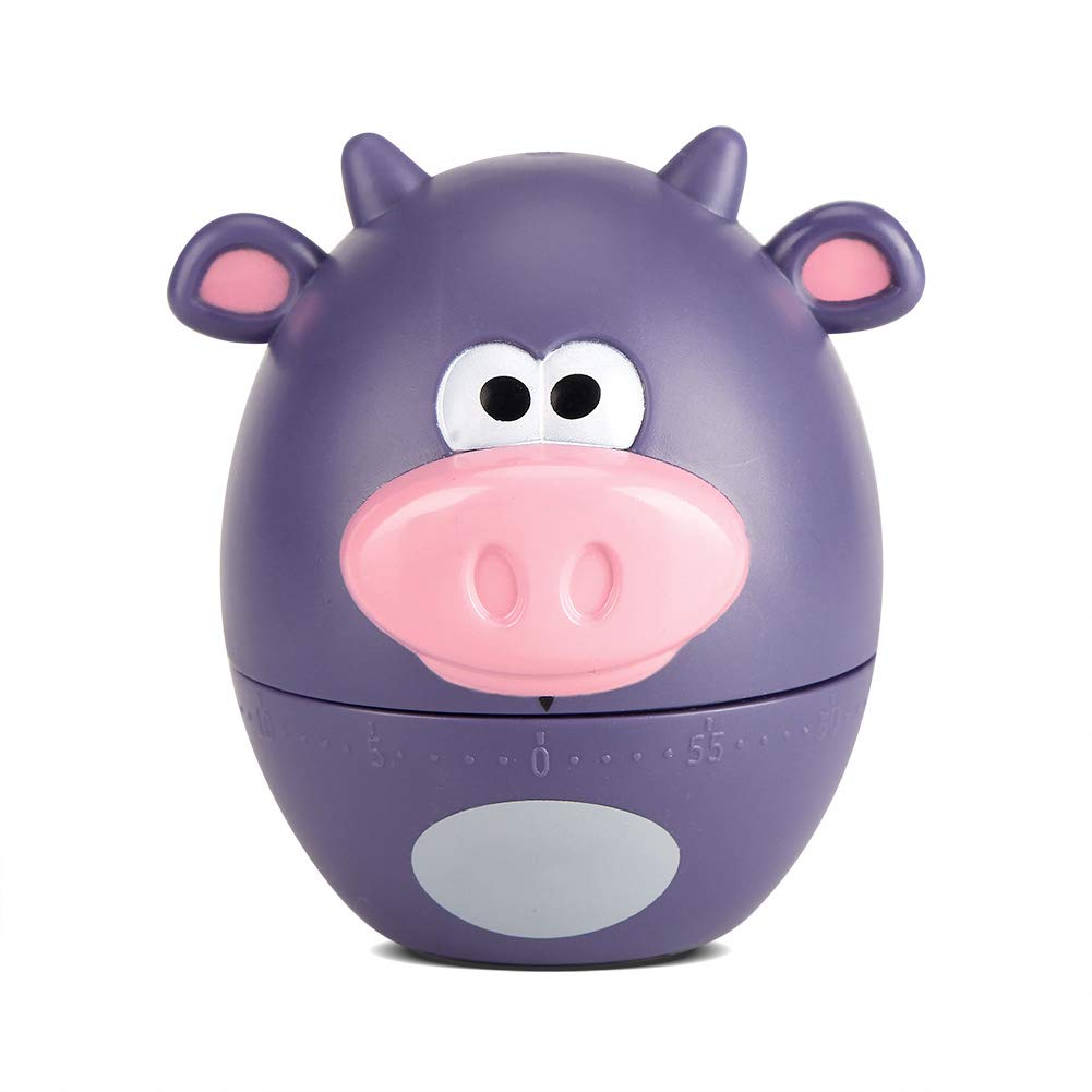 Mechanical Kitchen Timer 55 Minutes with Big Digits Alarm, Cute Cartoon Design Cooking Timer for Simple Use (Purple Cow)